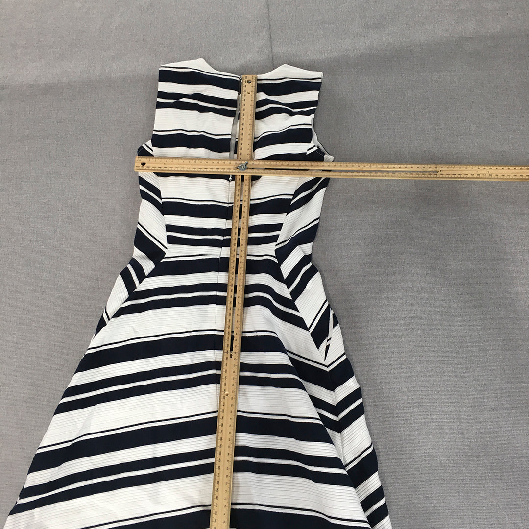 Warehouse Womens A-Line Dress Size 6 White Navy Blue Striped Midi Sleeveless