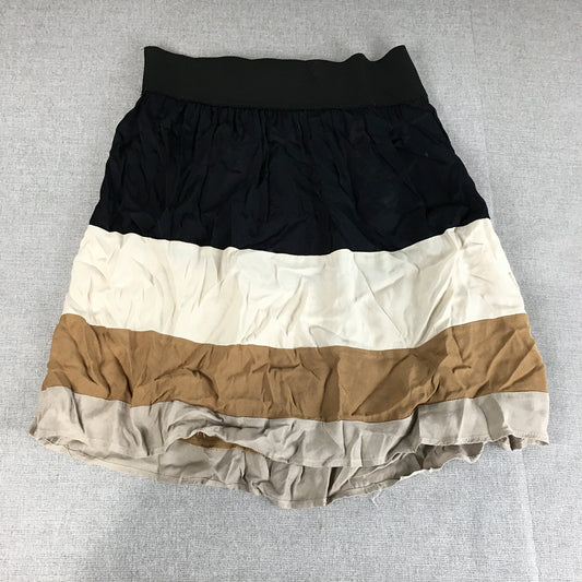 Zara Womens Mini Skirt Size M Black Brown White Striped Elastic Waist