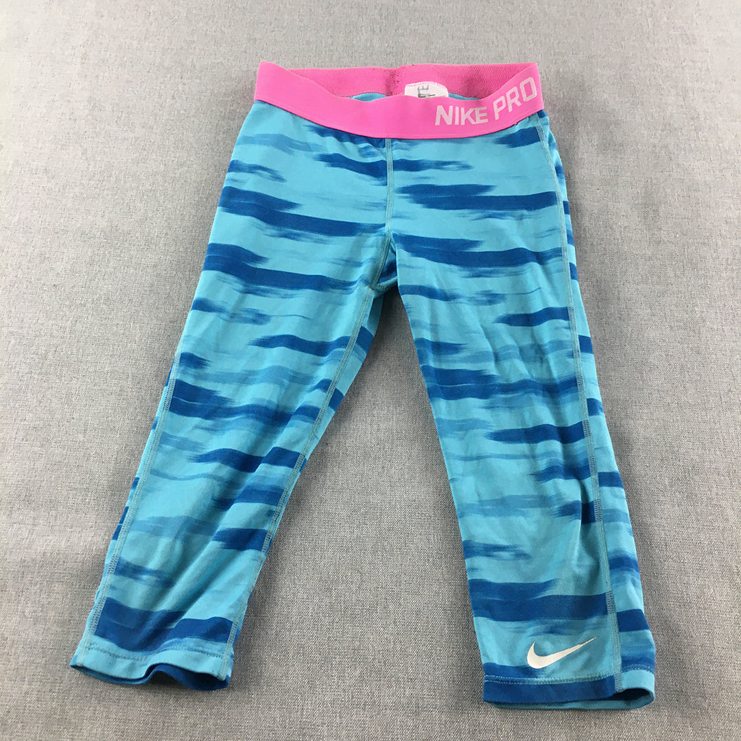 Nike Kids Girls Leggings Youth Size M Blue Logo Pro Striped Activewear Pants