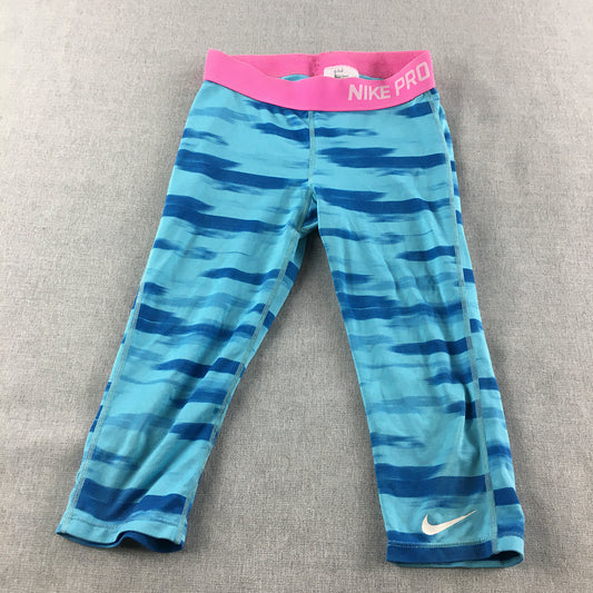 Nike Kids Girls Leggings Youth Size M Blue Logo Pro Striped Activewear Pants