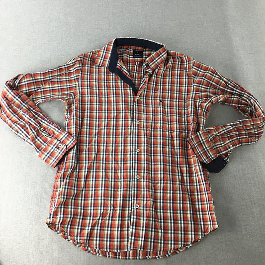 D'Cot Mens Shirt Size L Slim Fit Orange Checkered Long Sleeve Button-Up Pocket