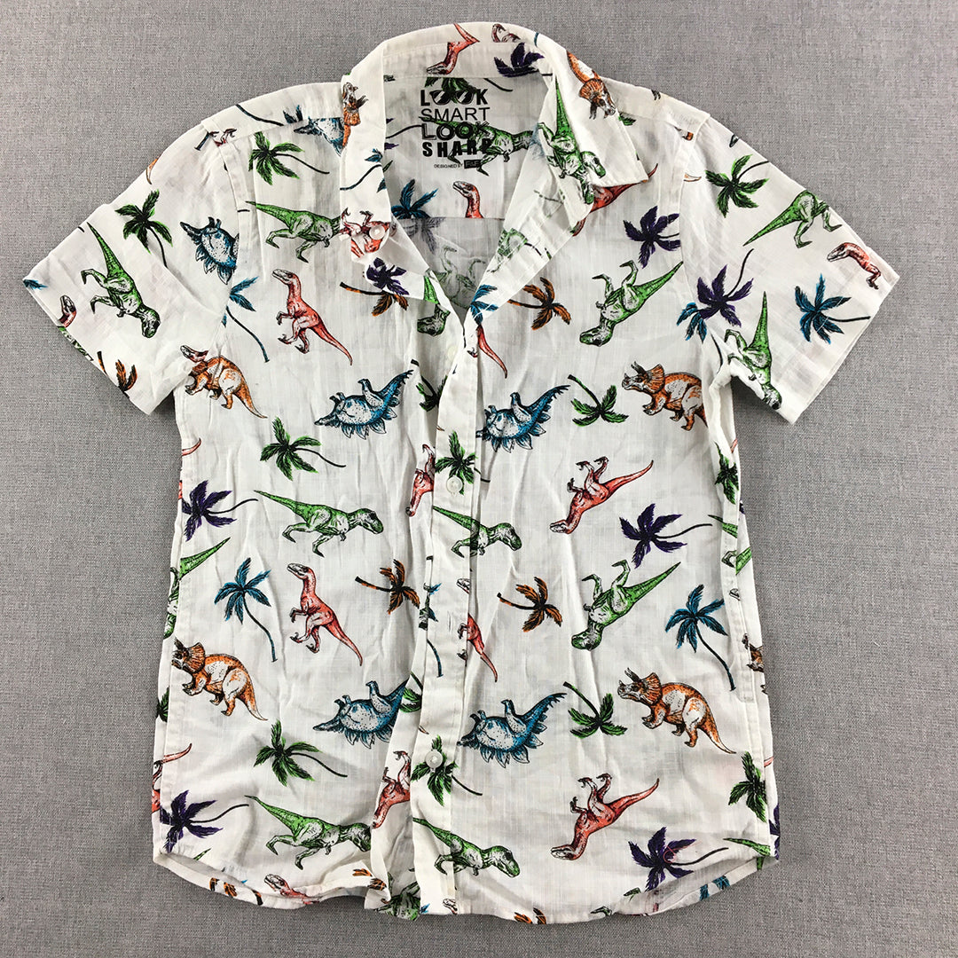 F&F Kids Boys Shirt Size 7 - 8 Years White Dinosaur Pattern Button-Up Top