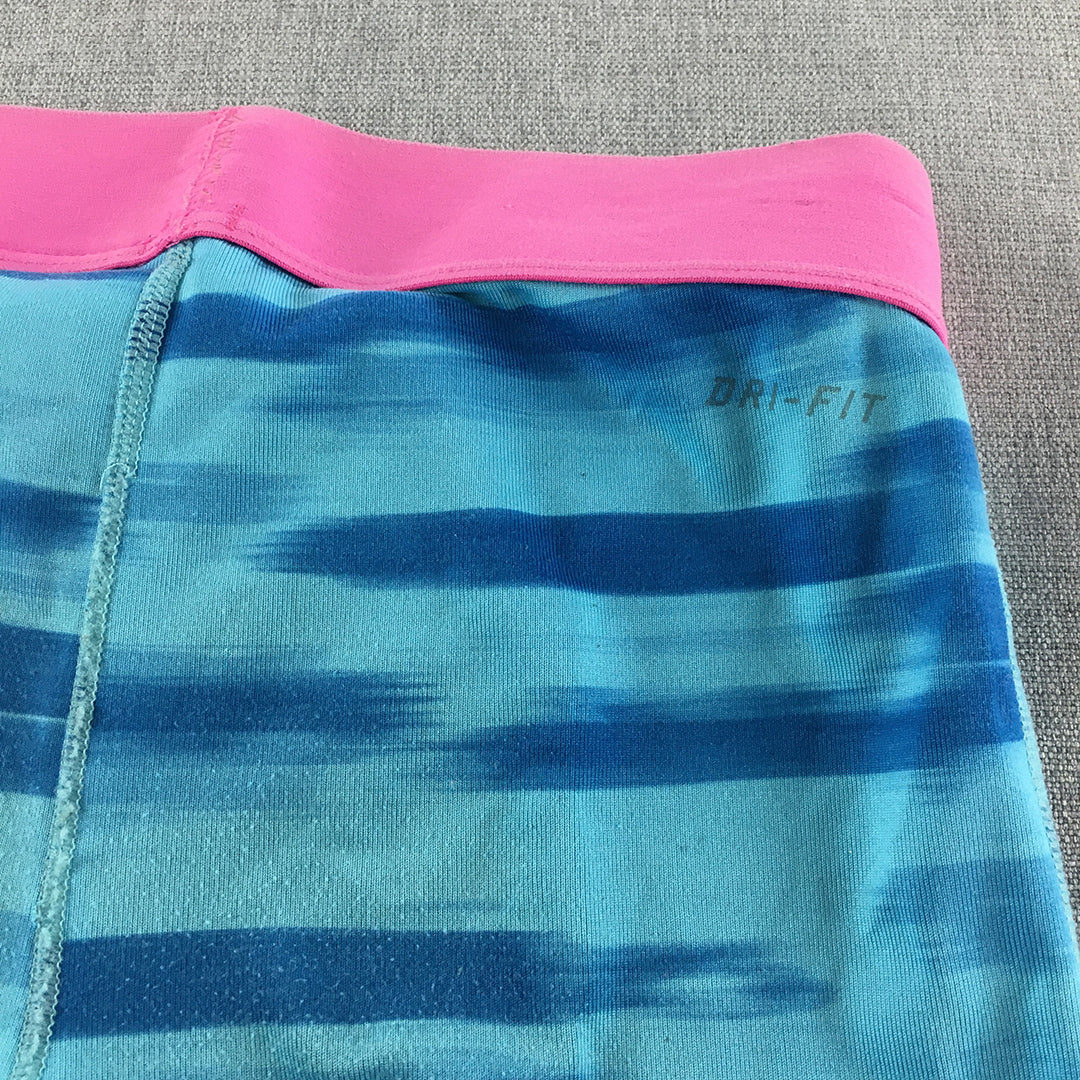 Nike Kids Girls Leggings Youth Size M Blue Logo Pro Striped Activewear Pants