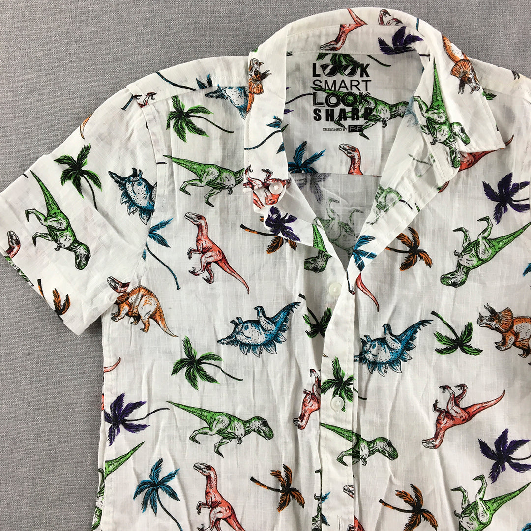 F&F Kids Boys Shirt Size 7 - 8 Years White Dinosaur Pattern Button-Up Top