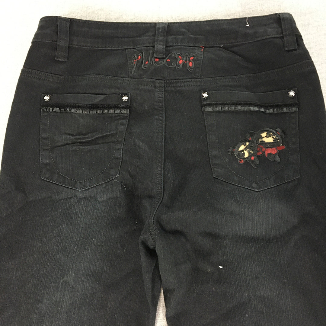 Vintage Pucca Womens Jeans Size 30 Black Bootcut Flared Denim Embroidered Y2K