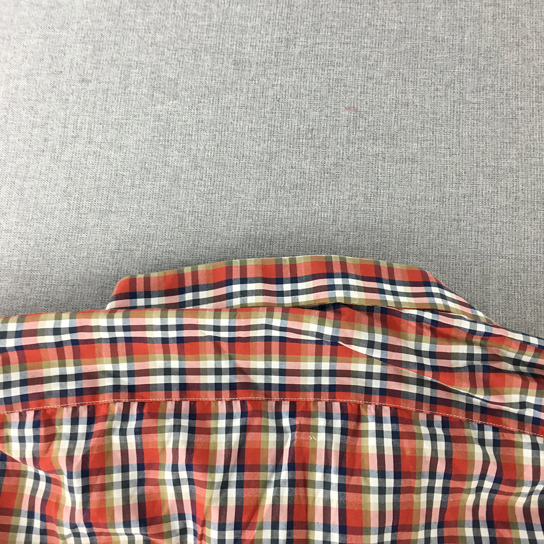 D'Cot Mens Shirt Size L Slim Fit Orange Checkered Long Sleeve Button-Up Pocket