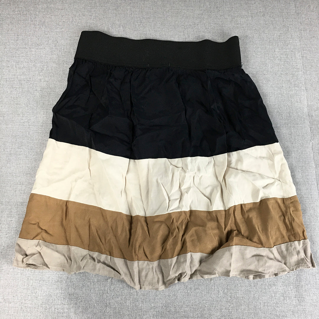 Zara Womens Mini Skirt Size M Black Brown White Striped Elastic Waist