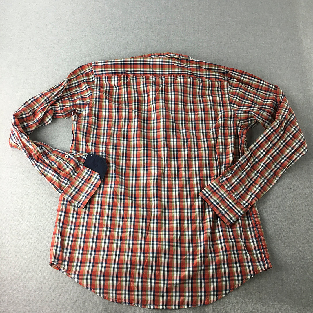 D'Cot Mens Shirt Size L Slim Fit Orange Checkered Long Sleeve Button-Up Pocket