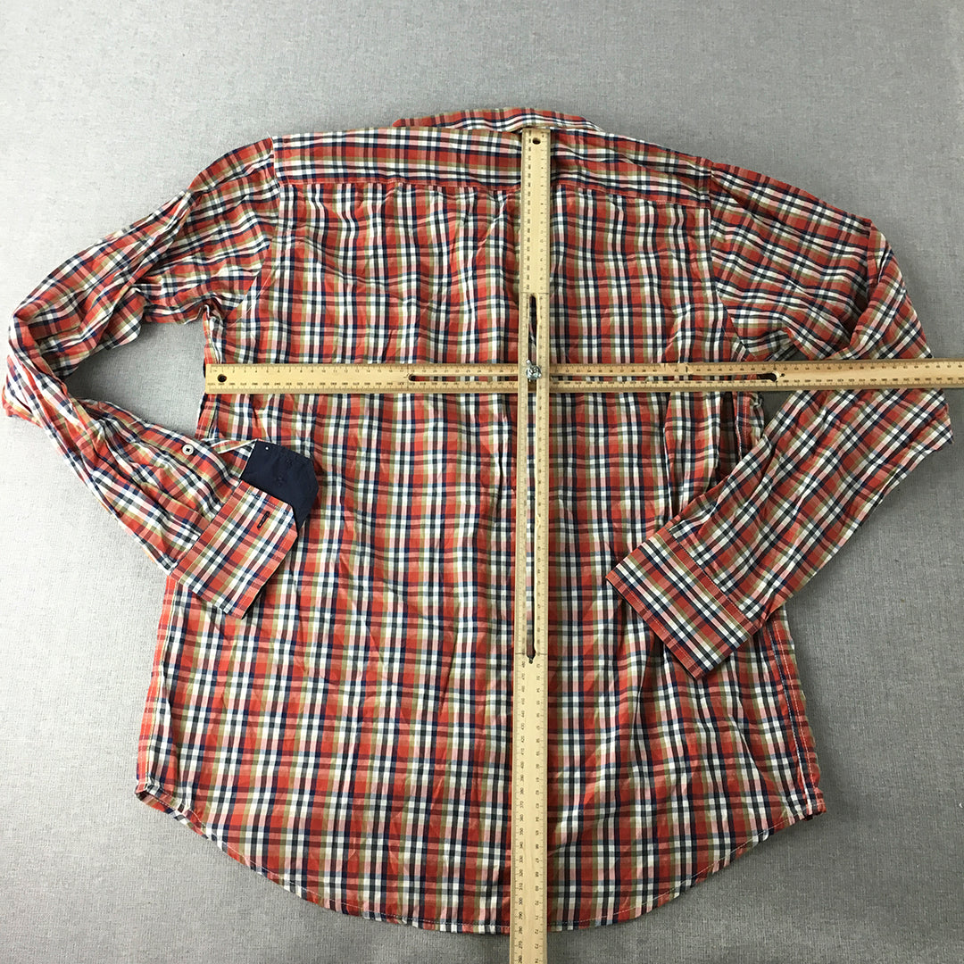 D'Cot Mens Shirt Size L Slim Fit Orange Checkered Long Sleeve Button-Up Pocket