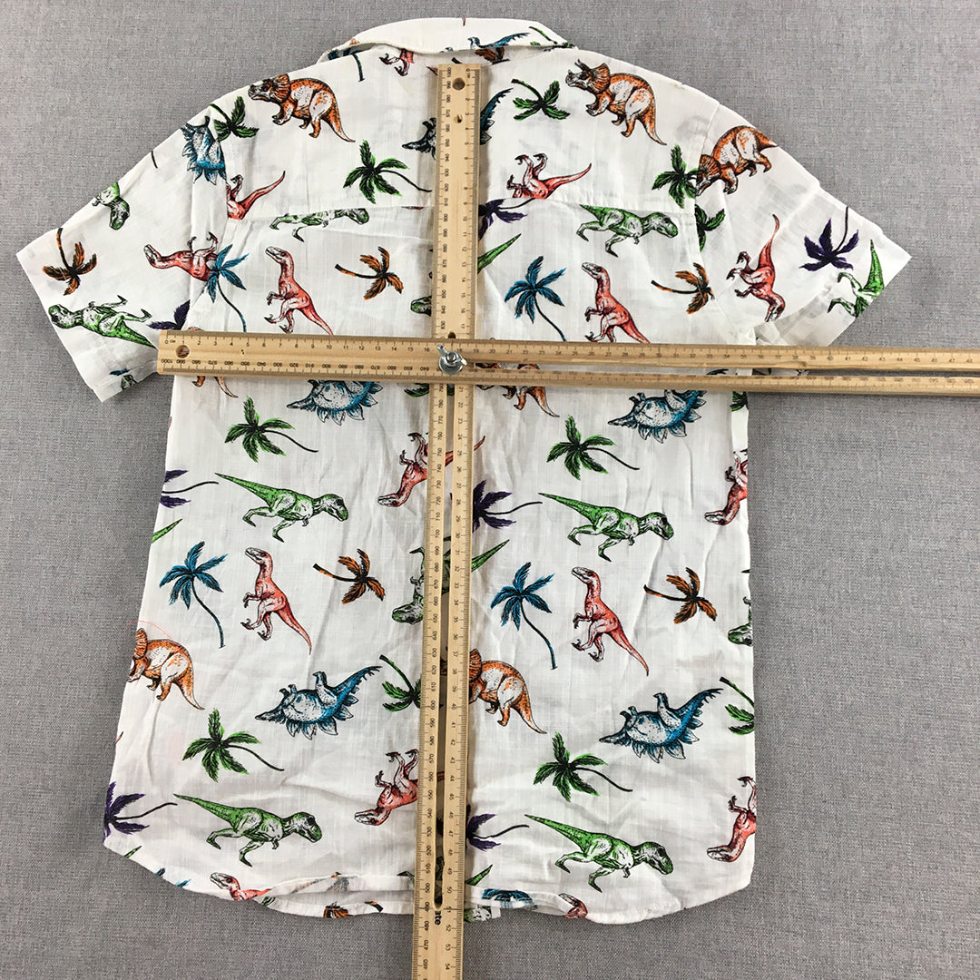 F&F Kids Boys Shirt Size 7 - 8 Years White Dinosaur Pattern Button-Up Top