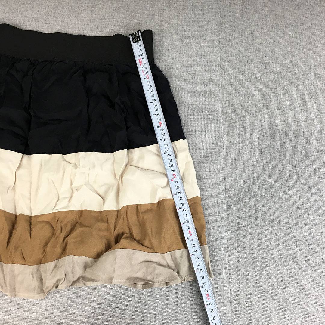 Zara Womens Mini Skirt Size M Black Brown White Striped Elastic Waist