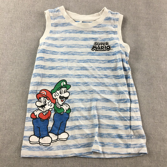 Super Mario Kids Boys Tank Top Size 4 Blue Grey Striped Sleeveless Logo Shirt