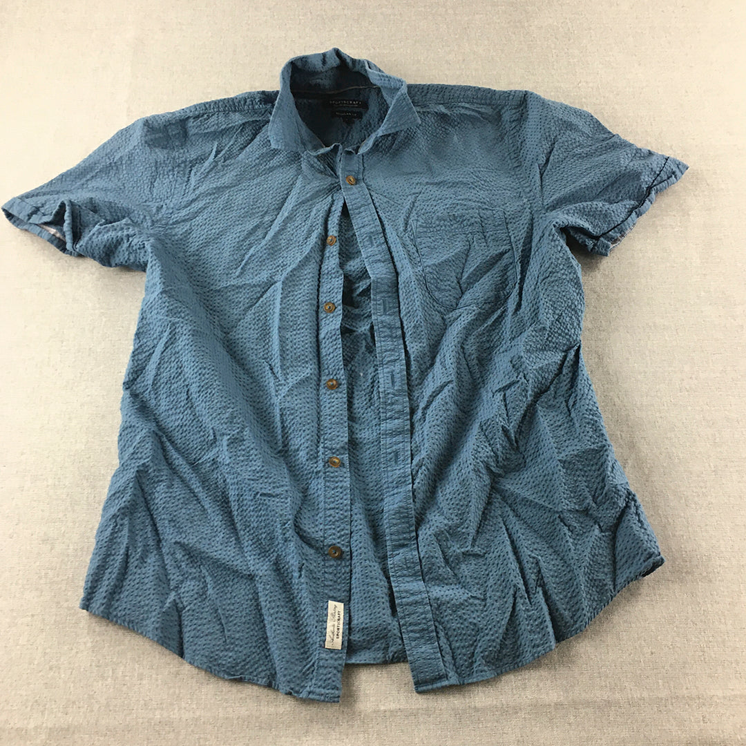 Sportscraft Mens Seersucker Shirt Size S Blue Short Sleeve Button-Up Collared