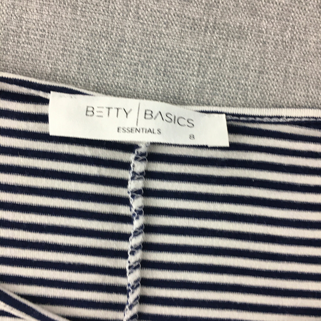 Betty Basics Womens Top Size 7 White Blue Striped Short Sleeve Stretch Fabric