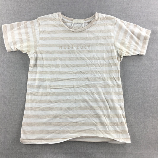 Nude Lucy Womens T-Shirt Size M White Brown Striped Logo Top