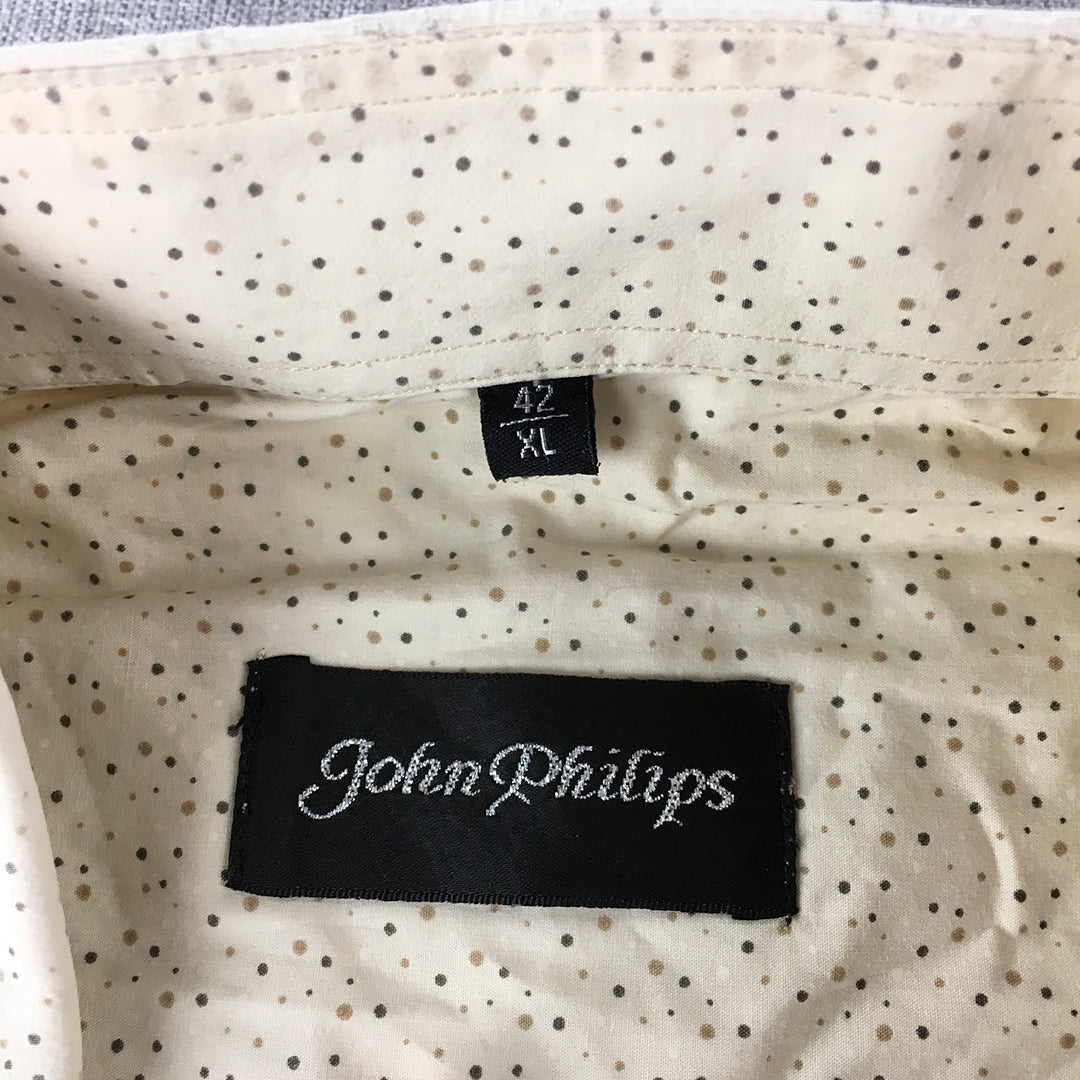 John Philips Mens Shirt Size XL White Brown Dot Short Sleeve Button-Up Pocket