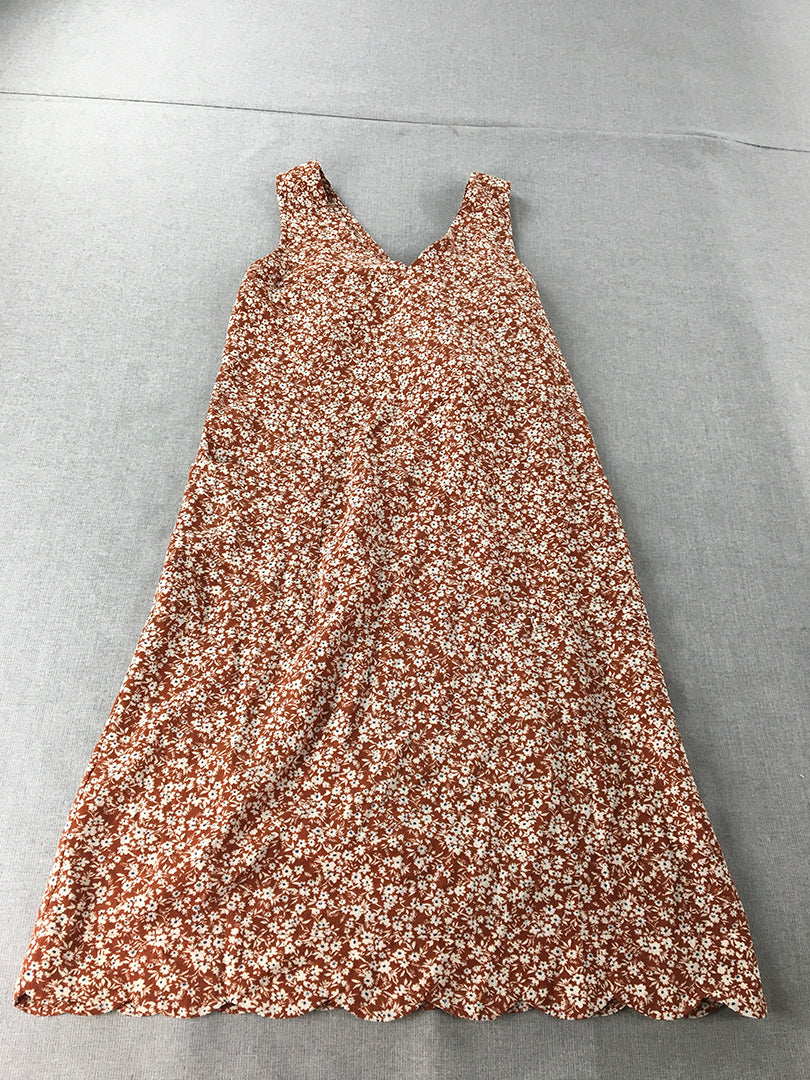 Monteau Womens A-Line Dress Size S Brown Midi Sleeveless Floral V-Neck