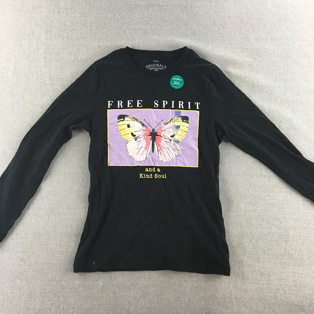 M&S Originals Kids Girls Top Size 13 - 14 Years Black Butterfly Long Sleeve