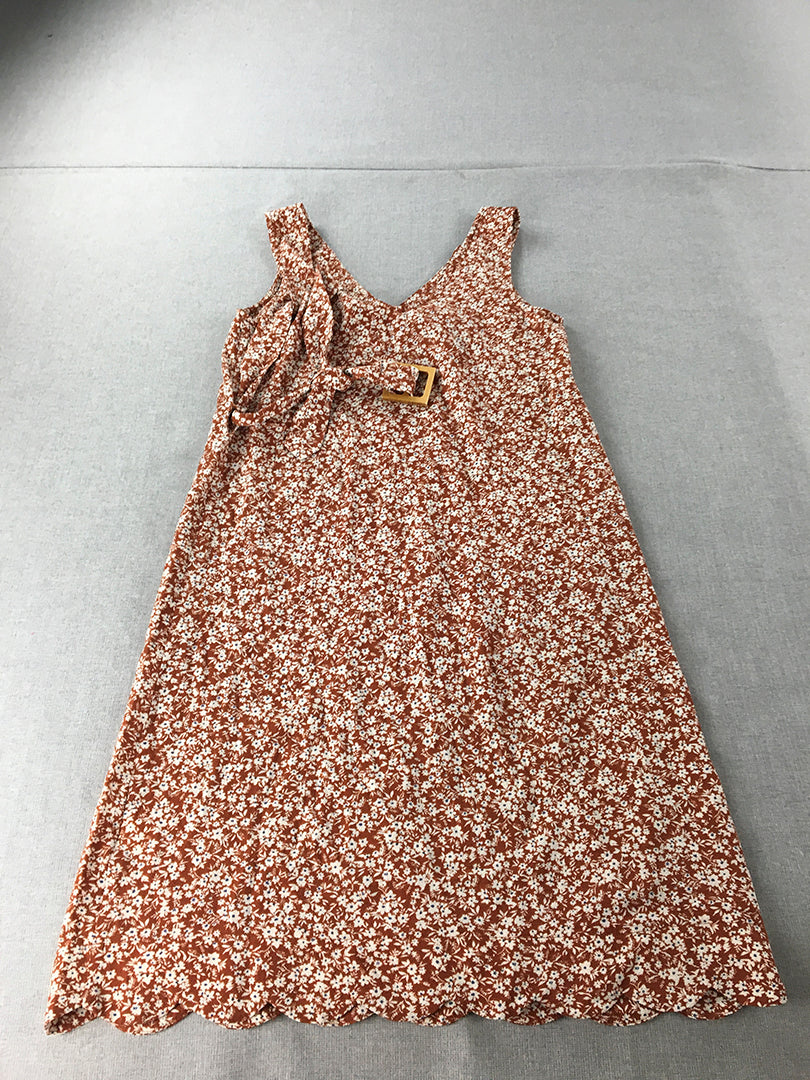 Monteau Womens A-Line Dress Size S Brown Midi Sleeveless Floral V-Neck