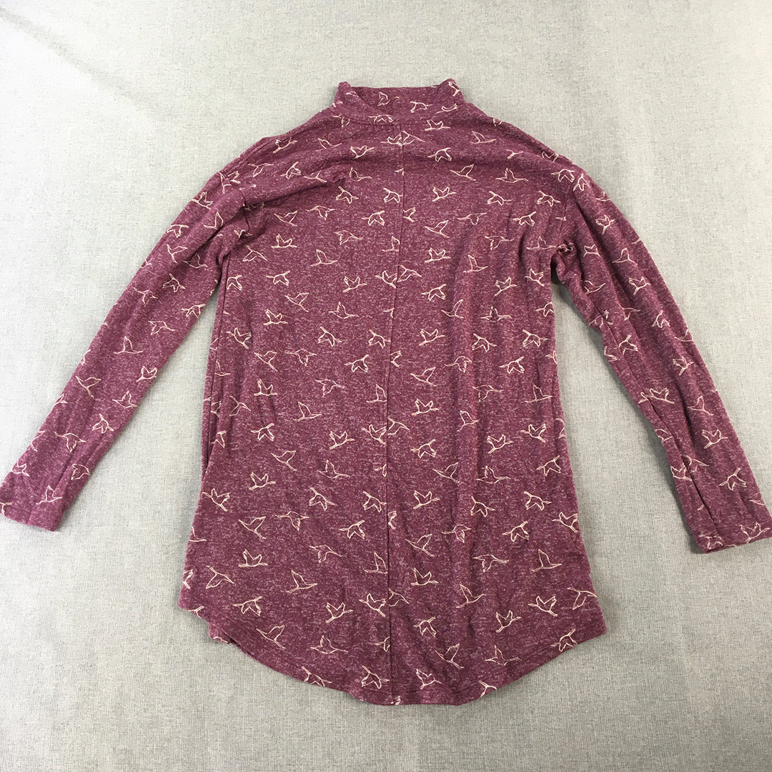 M&S Collection Womens Knit Sweater Size 8 Purple Bird Pattern Mock Neck Jumper