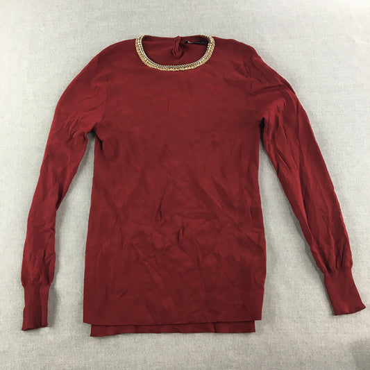 Zara Womens Knit Sweater Size L Red Gold Necklace Pullover Jumper