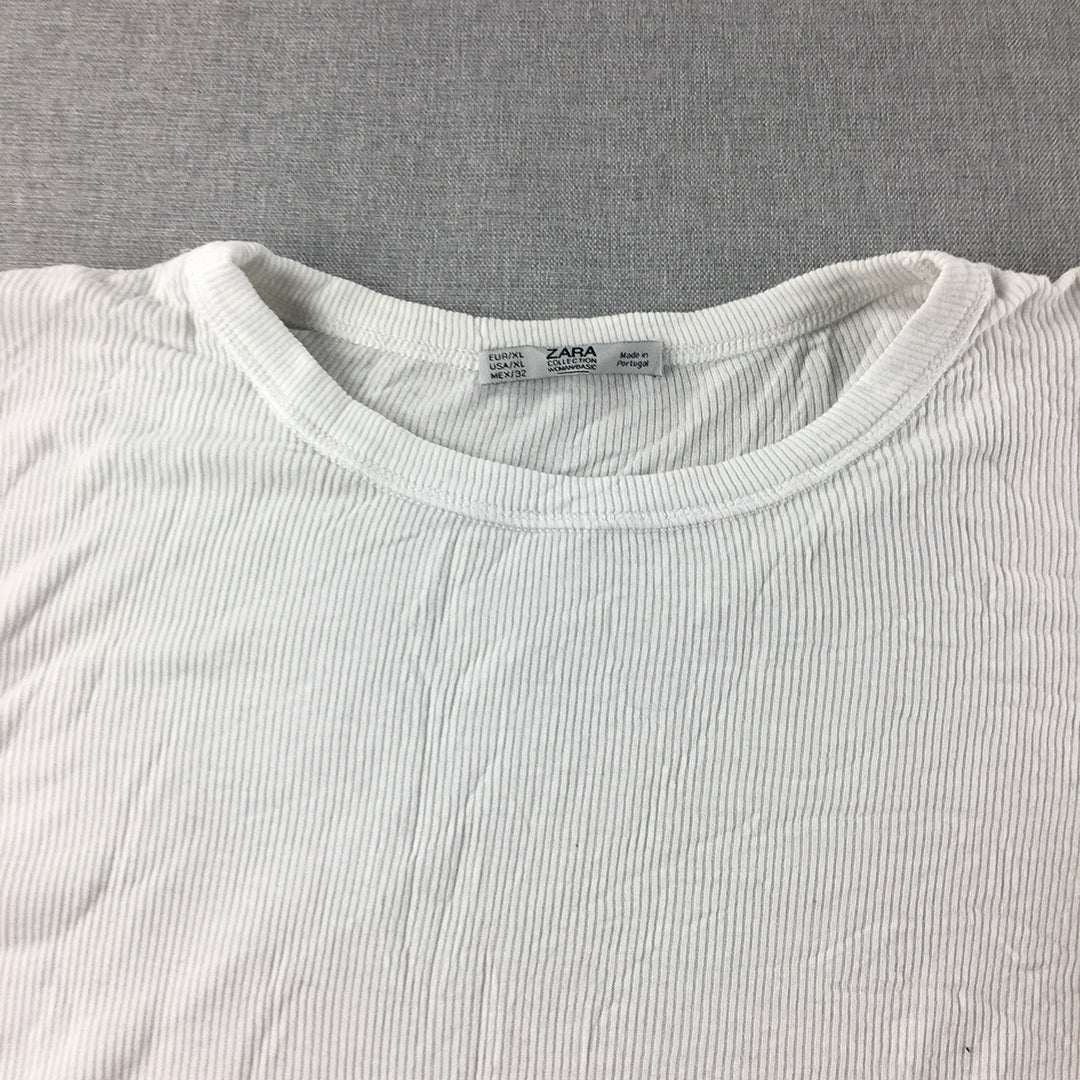 Zara Womens Knit Top Size XL White Short Sleeve Stretch Fabric Shirt