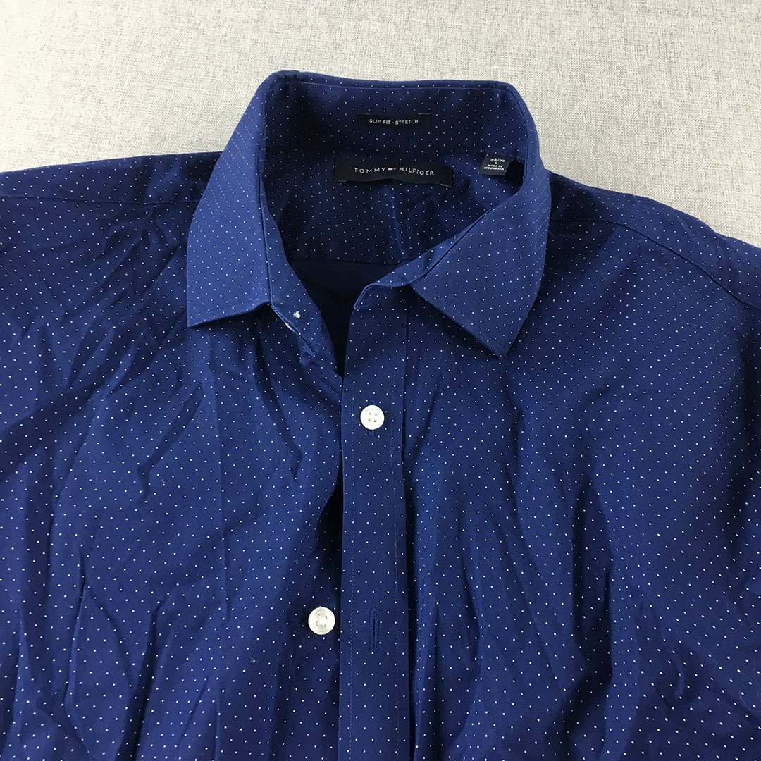 Tommy Hilfiger Mens Shirt Size L Slim Fit Stretch Blue Dot Button-Up Long Sleeve