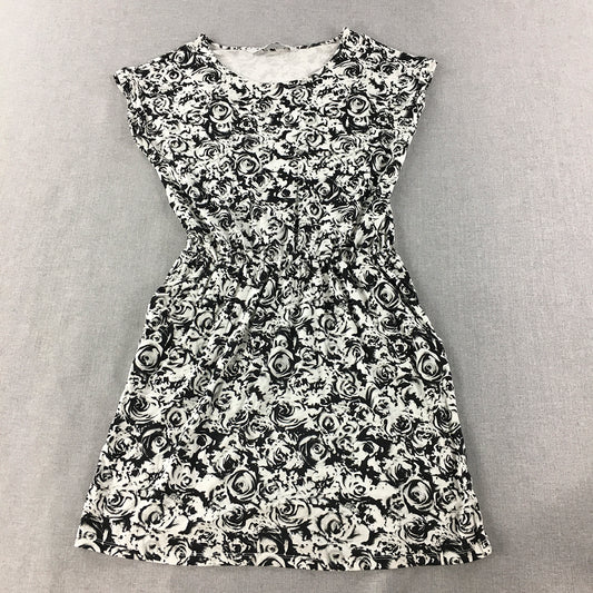 Minimal Womens Mini Dress Size 8 White Black Floral Rose Fit & Flare