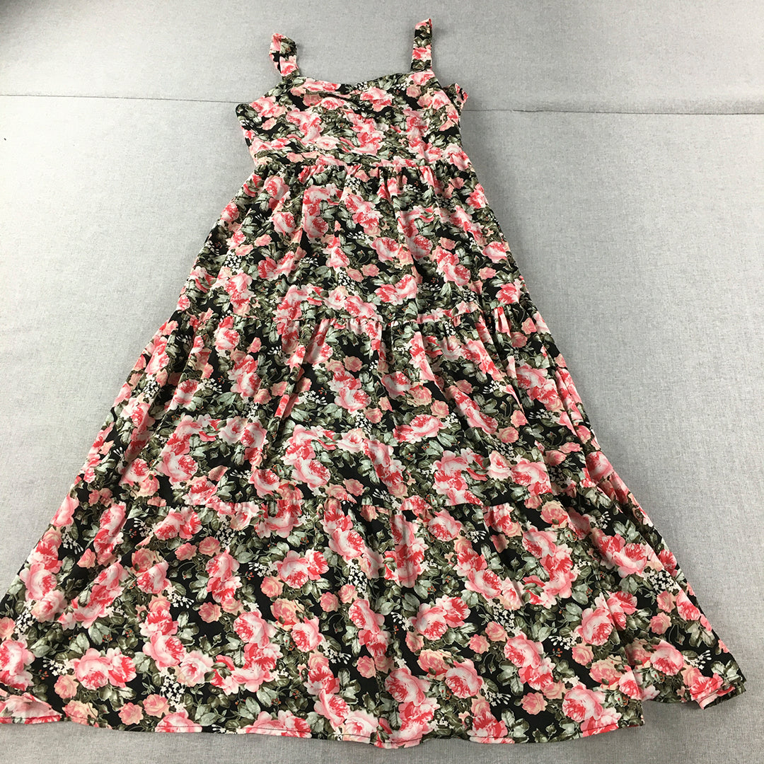 Valleygirl Womens A-Line Dress Size 8 Black Green Pink Floral Sleeveless Midi