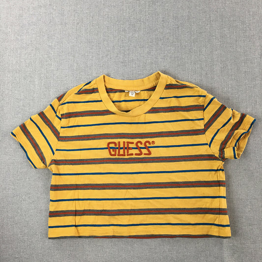 Guess Womens T-Shirt Size XS Yellow Striped Embroidered Logo Originals Cropped