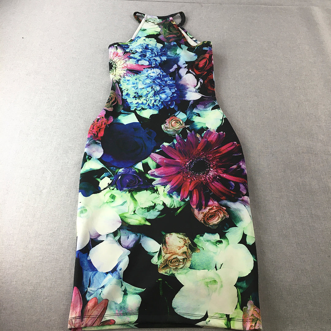 Asos Womens Pencil Dress Size 6 Black Green Floral Sleeveless Midi