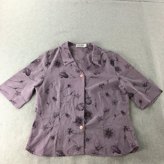 Vintage So-En Fashion Womens Top Size L Purple Floral Short Sleeve Button-Up