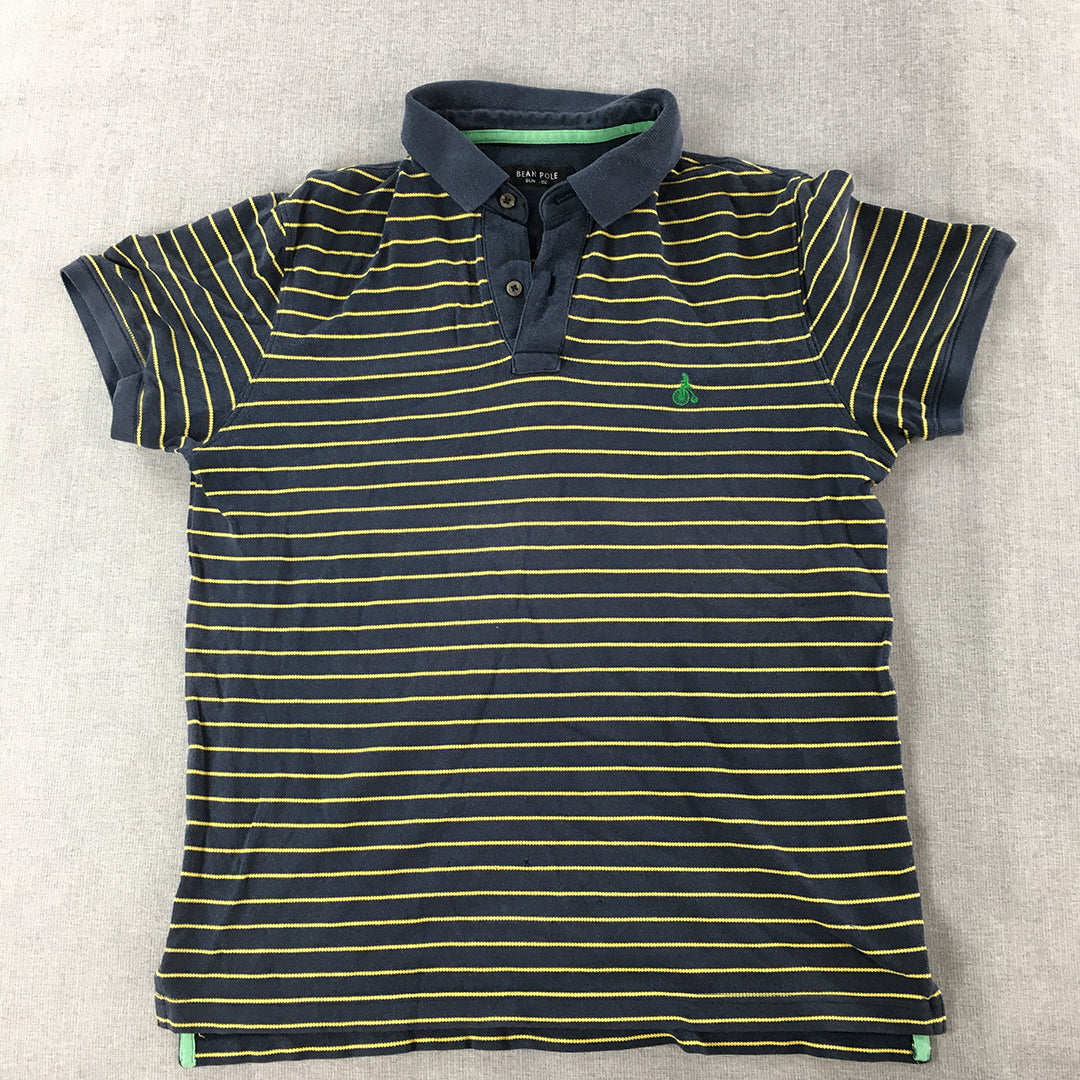 Bean Pole Mens Polo Shirt Size M Slim Fit Navy Blue & Yellow Striped Logo Rugby