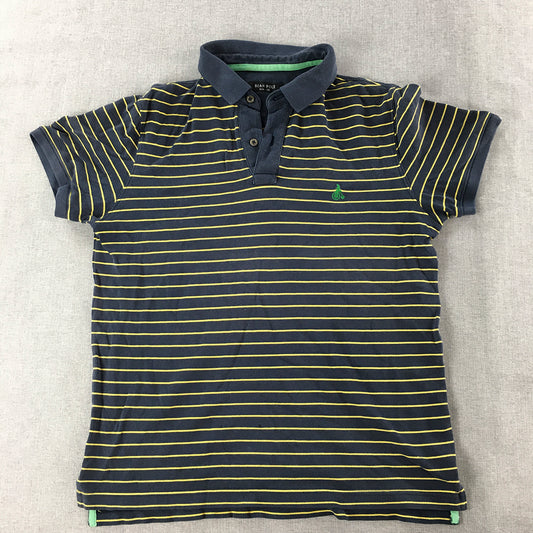 Bean Pole Mens Polo Shirt Size M Slim Fit Navy Blue & Yellow Striped Logo Rugby