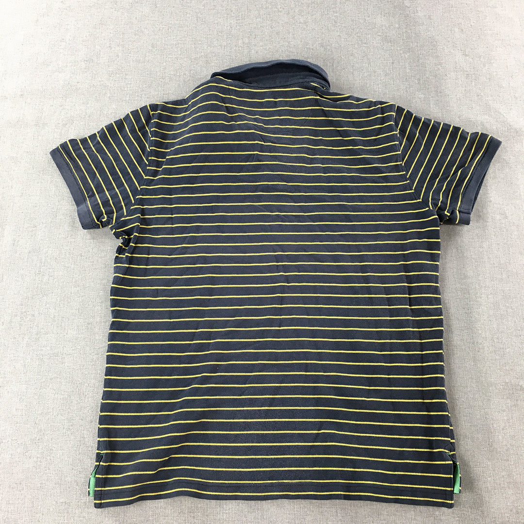 Bean Pole Mens Polo Shirt Size M Slim Fit Navy Blue & Yellow Striped Logo Rugby