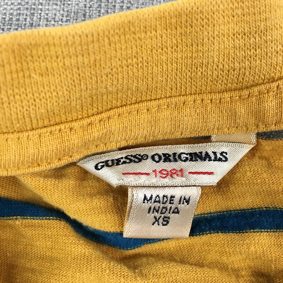 Guess Womens T-Shirt Size XS Yellow Striped Embroidered Logo Originals Cropped