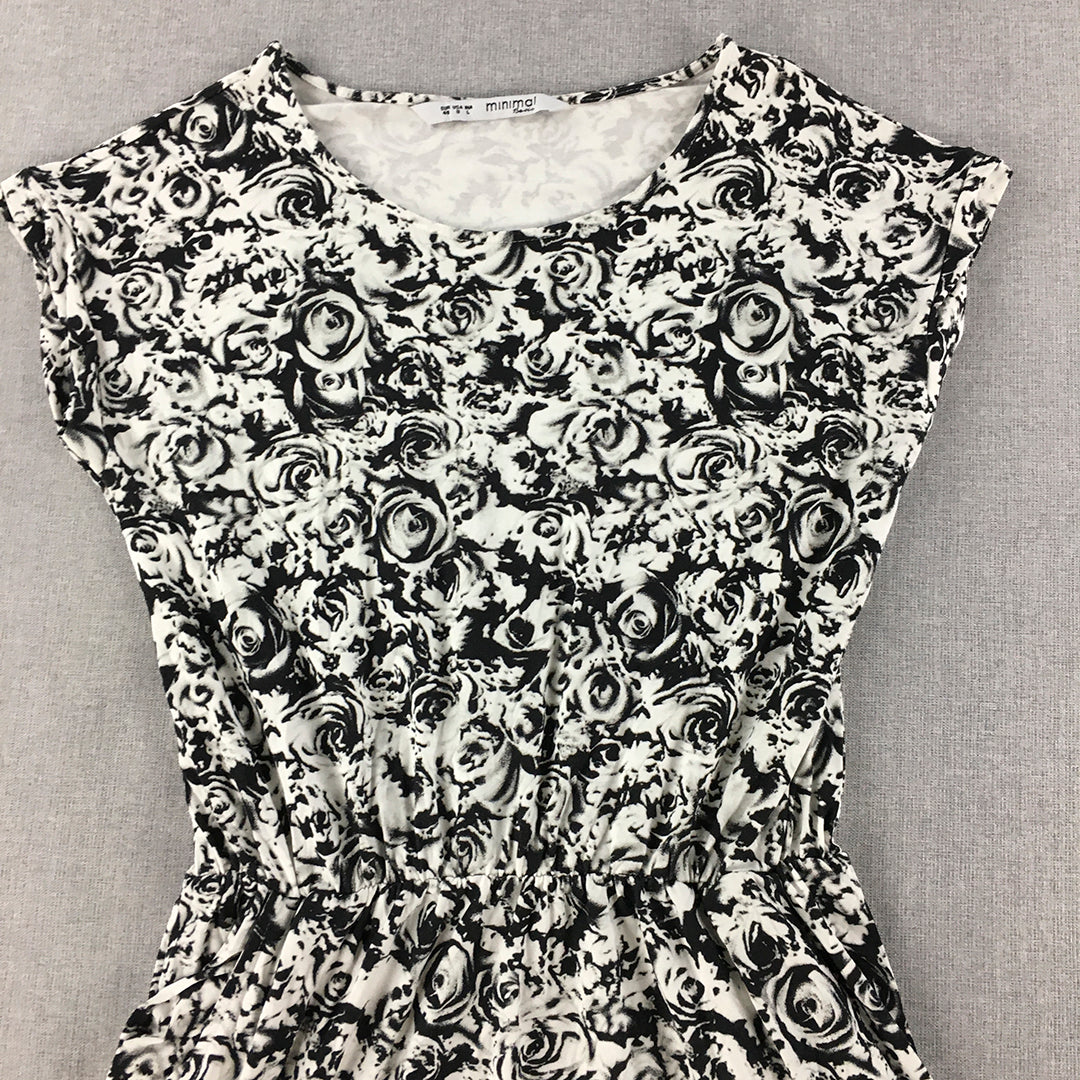 Minimal Womens Mini Dress Size 8 White Black Floral Rose Fit & Flare