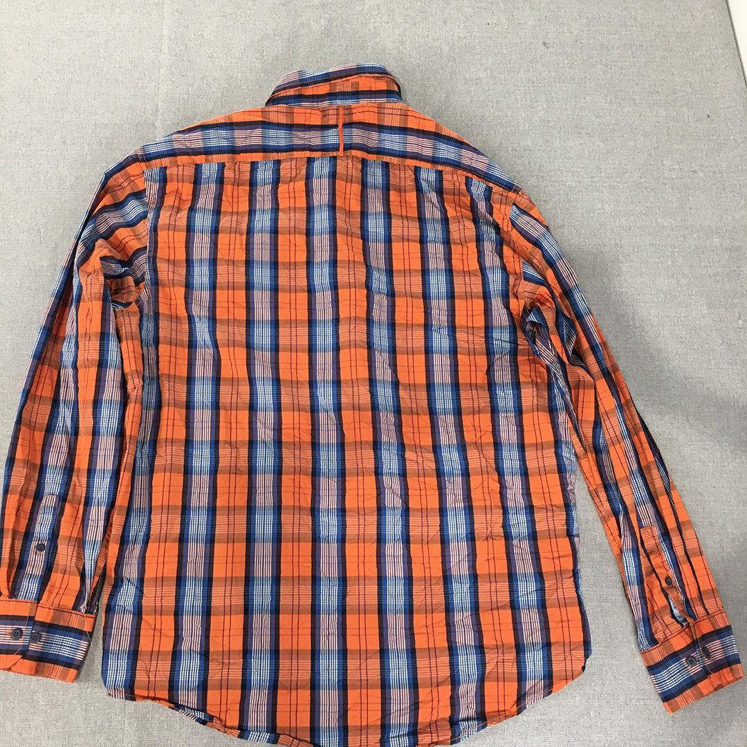 Izod Mens Shirt Size L Orange Checkered Long Sleeve Button-Up