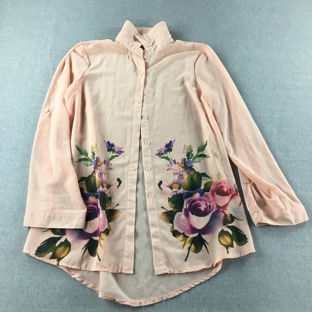 Maccine Womens Shirt Size M Pink Floral Long Sleeve Button-Up