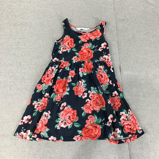 H&M Kids Girls Dress Size 5 - 6 Years Navy Blue Red Floral A-Line Sleeveless