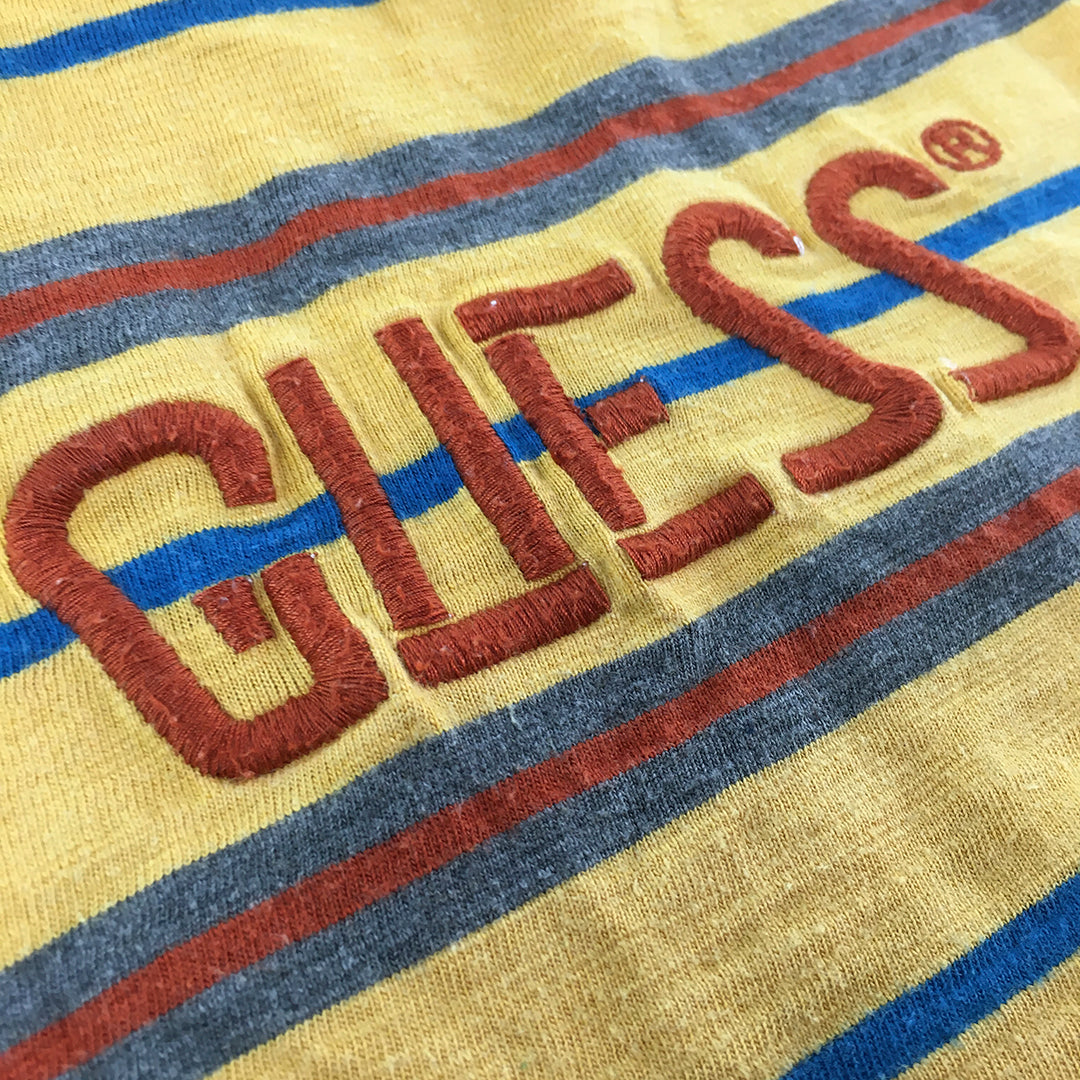 Guess Womens T-Shirt Size XS Yellow Striped Embroidered Logo Originals Cropped