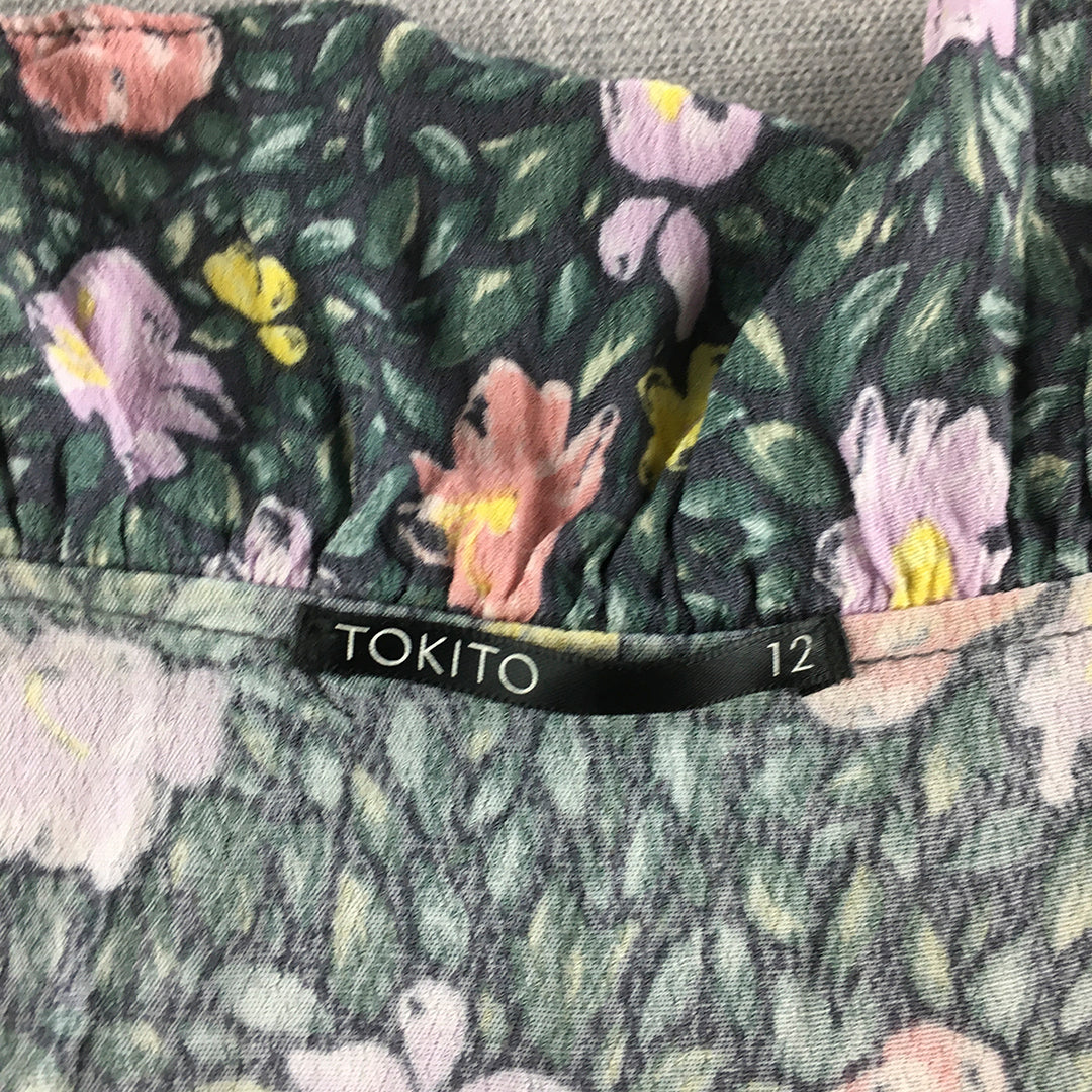 Tokito Womens Dress Size 12 Green Floral Short Sleeve Midi