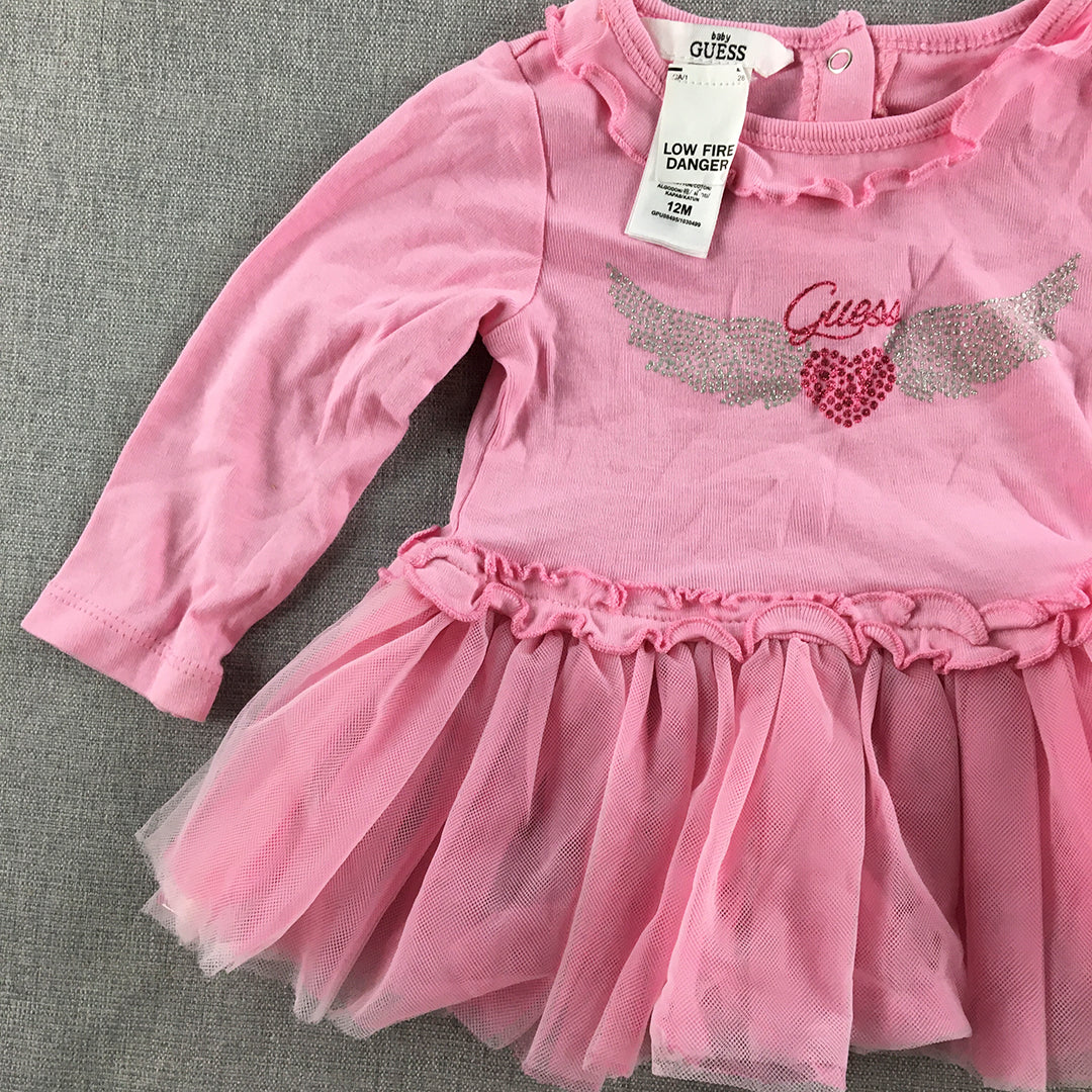 Guess Baby Girls Dress Size 12 Months (1) Pink Logo Long Sleeve Frilled