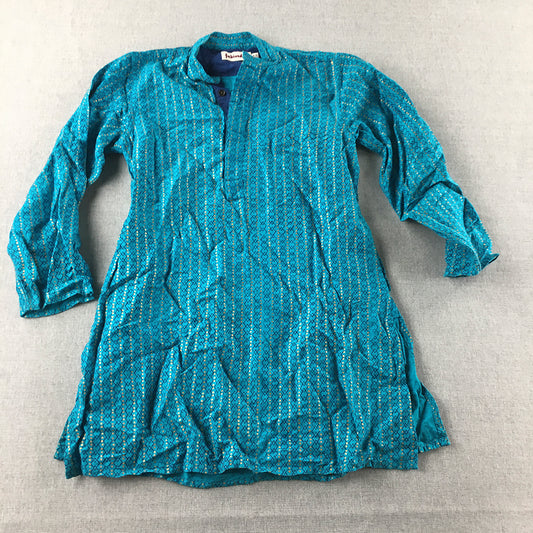 Fabindia Kids Girls Silk Blend Dress Size 4 - 6 Years Blue Long Sleeve