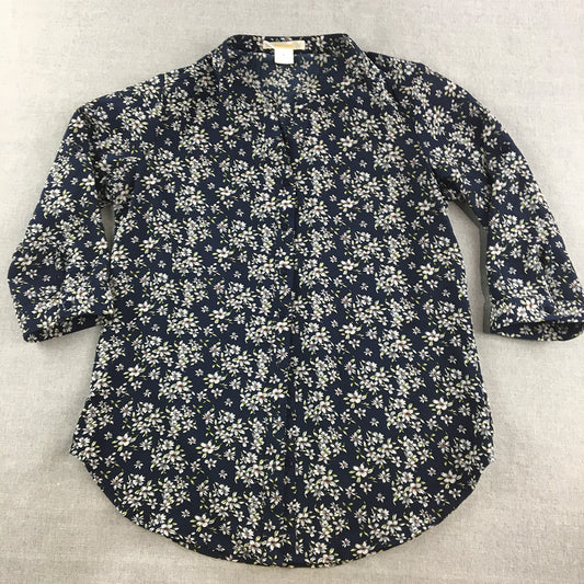 Ilkocoon Womens Top Size 8 Blue Floral 3/4 Length Sleeves Button-Up Shirt