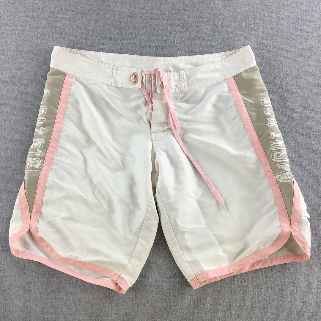 Maui Girl Womens Board Shorts Size 10 White Pink Drawstring Surf Swim Boardies