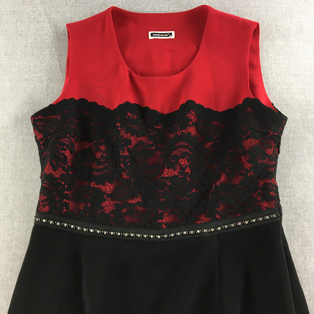 Modailgi Womens Pencil Dress Size S Black Red Floral Lace Midi Sleeveless