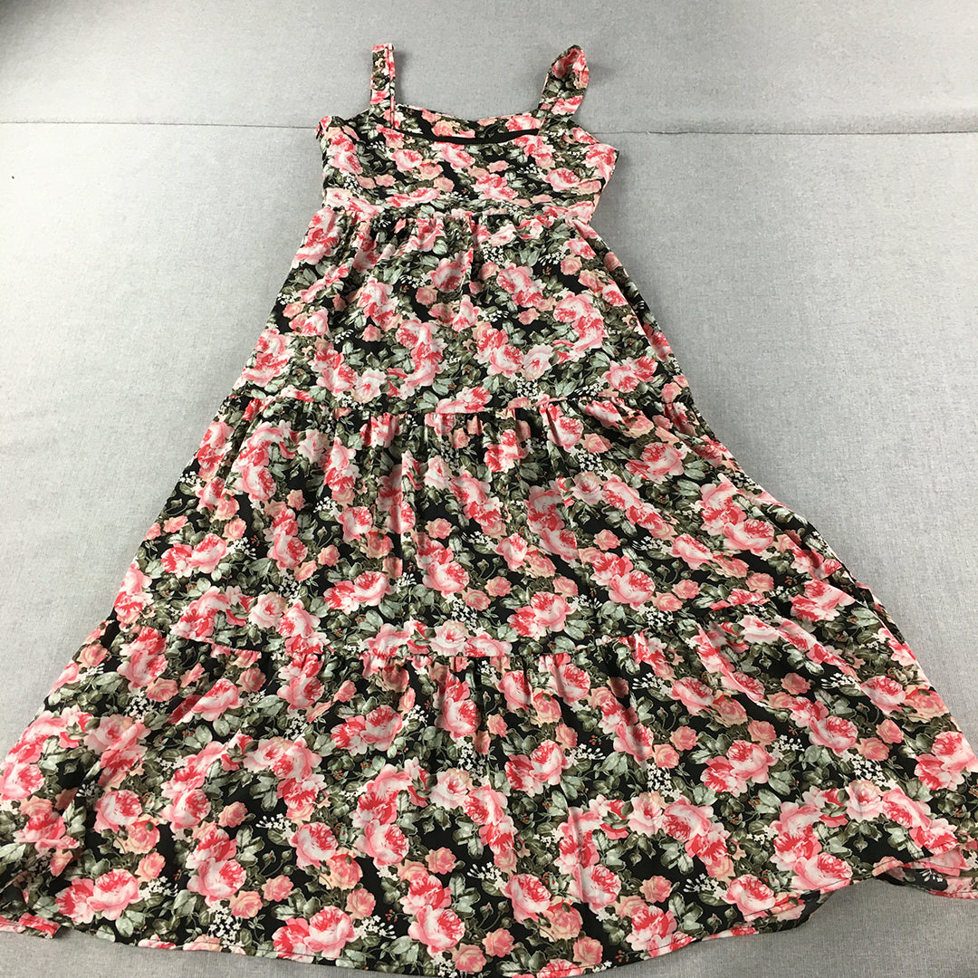 Valleygirl Womens A-Line Dress Size 8 Black Green Pink Floral Sleeveless Midi