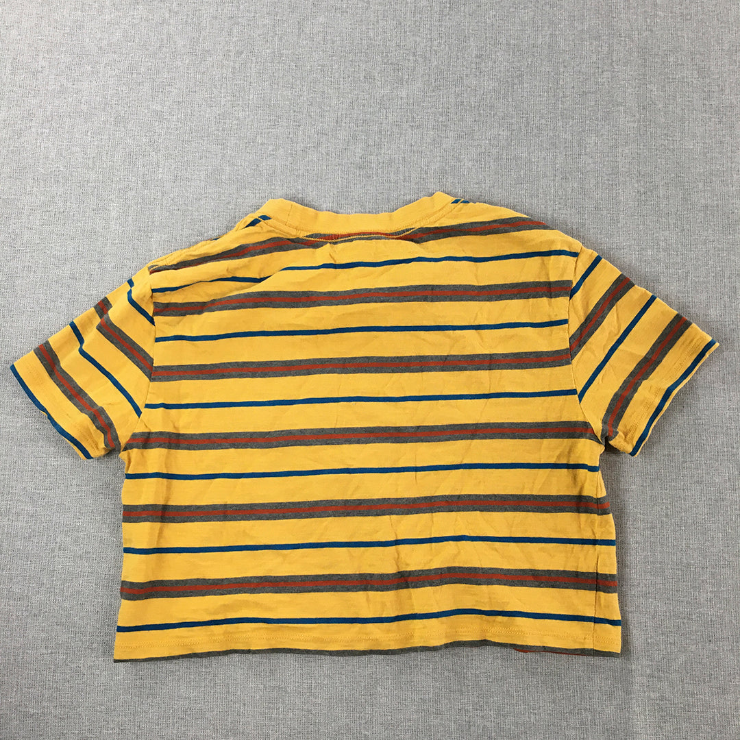 Guess Womens T-Shirt Size XS Yellow Striped Embroidered Logo Originals Cropped