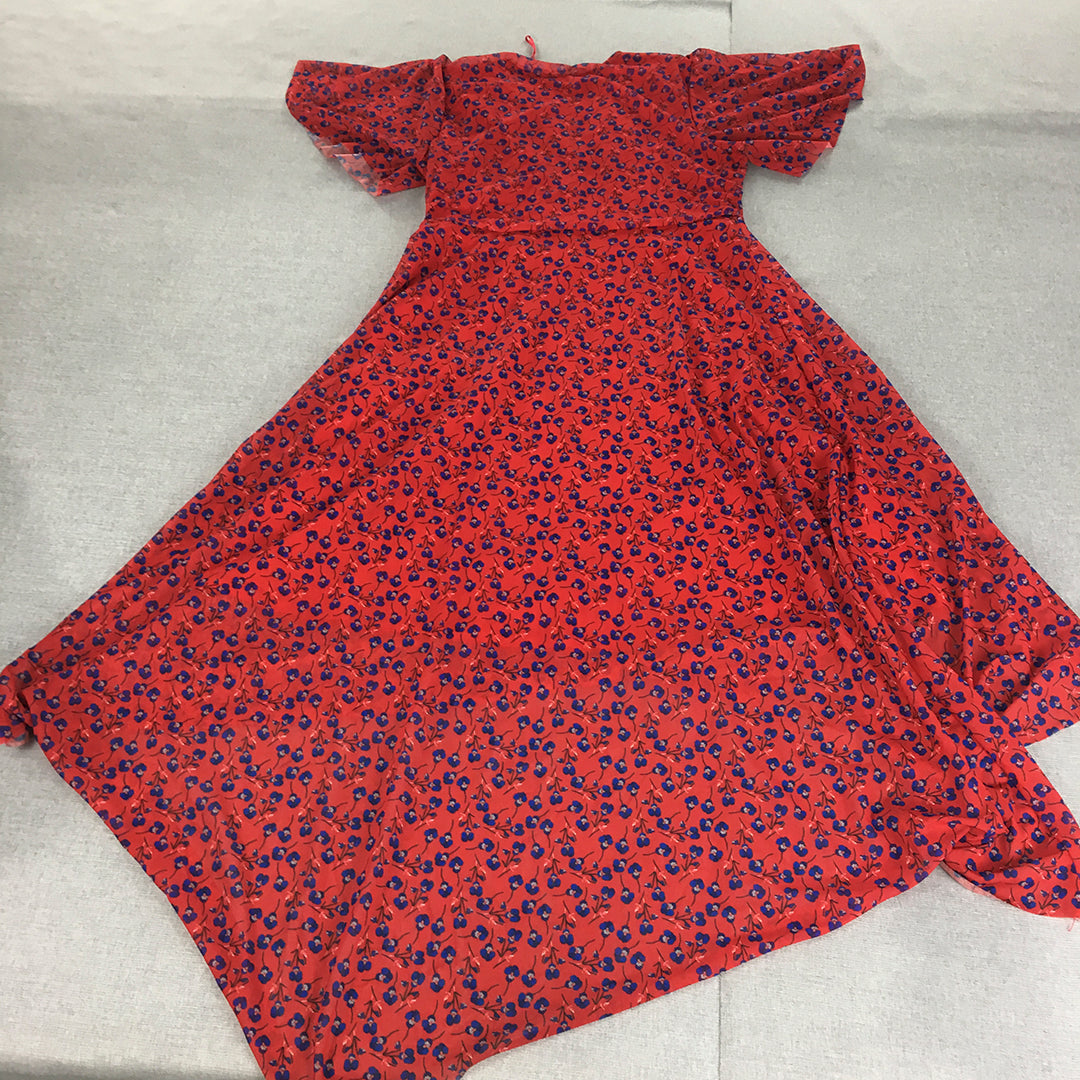 Valleygirl Womens Maxi Sundress Size XL Red Floral Asymmetrical Hem Short Sleeve